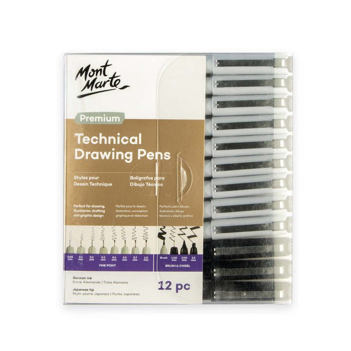 Mont Marte Technical Drawing Pens 12pc | Precision Fineliner Pen Set | Professional Drawing & Illustration Pens