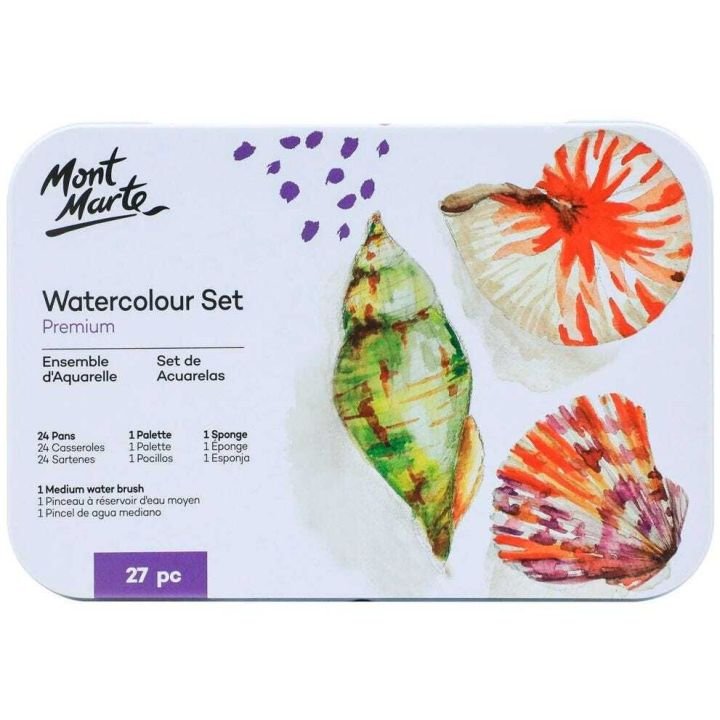 Mont Marte Watercolor Cake in Tin 27 Pieces Set Portable Watercolor Paint Kit for Artists, Students & Beginners