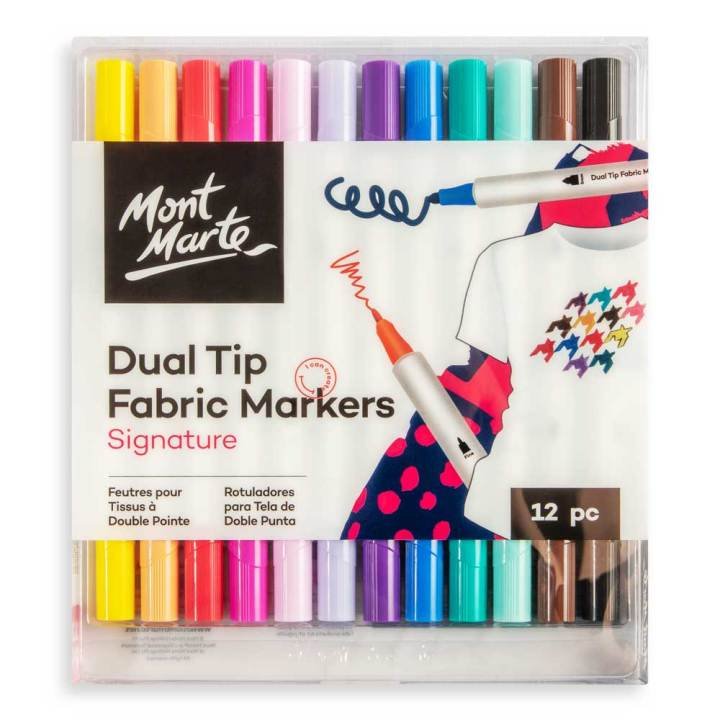 Mont Marte Fabric Markers 12 Piece Set Permanent Textile Markers for T-Shirts, Bags, Shoes & DIY Fabric Art