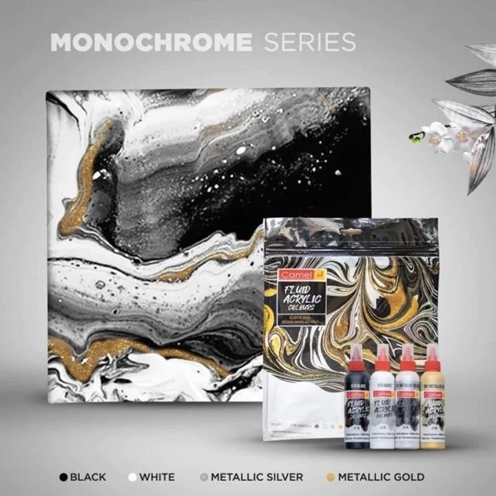 Camel Fluid Acrylic Colors Monochrome Shades Set – Professional Fluid Acrylic Paint for Canvas, Art, Craft & Mixed Media