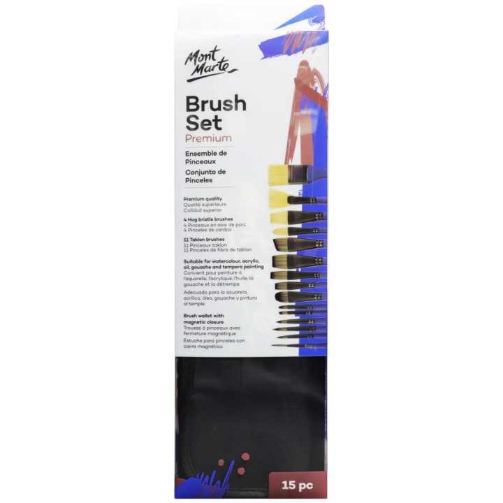 Mont Marte Brush Set in Wallet 15pc – Professional Artist Paint Brush Set with Portable Storage Wallet