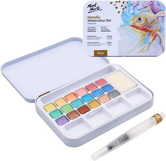 Mont Marte Metallic Watercolour Cake Set Premium 21pc | Metallic Watercolor Paints in Tin Case | Artist Paint Set