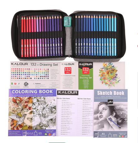 KALOUR 132 Colored Pencils Set with Coloring Book & Sketch Book | Complete Artist Art Kit