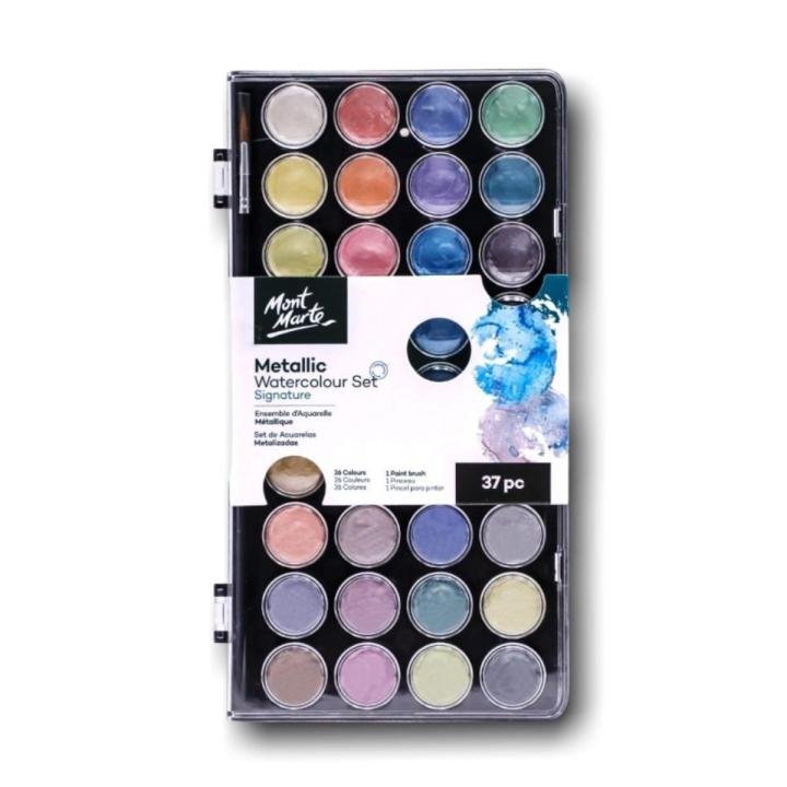 Mont Marte Metallic Watercolor Cake Set 37pc with 36 Colors and Brush