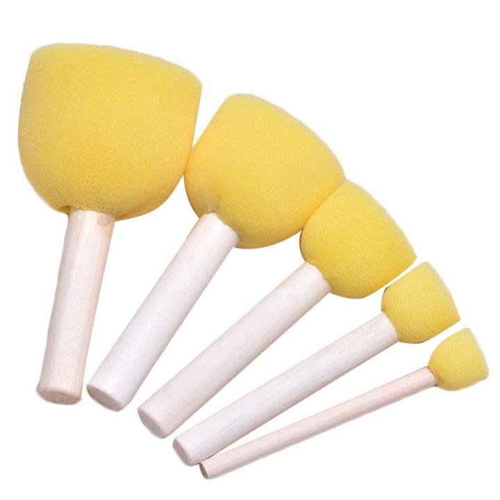 5 Pcs Round Stencil Sponge Brush Set – Wooden Handle Foam Dabber Brushes for DIY Painting, Crafts & Furniture Art