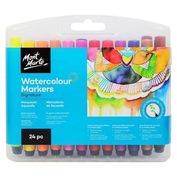 Mont Marte Watercolor Markers Set 24 Colors 4mm Tip for Drawing & Art
