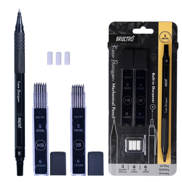 Brustro Kuro Precision Mechanical Pencil |Tip Size- 2mm With 6- HB and 6- 2B Leads , Built-in-Sharpener, 3 Eraser Refill