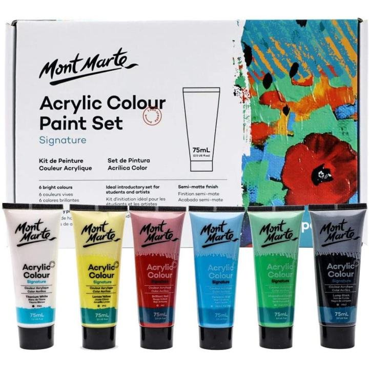 Mont Marte Acrylic Color Paint Set 75ml x 6 Colors | Premium Acrylic Paint Tubes for Canvas, Wood, Paper & DIY Art Projects