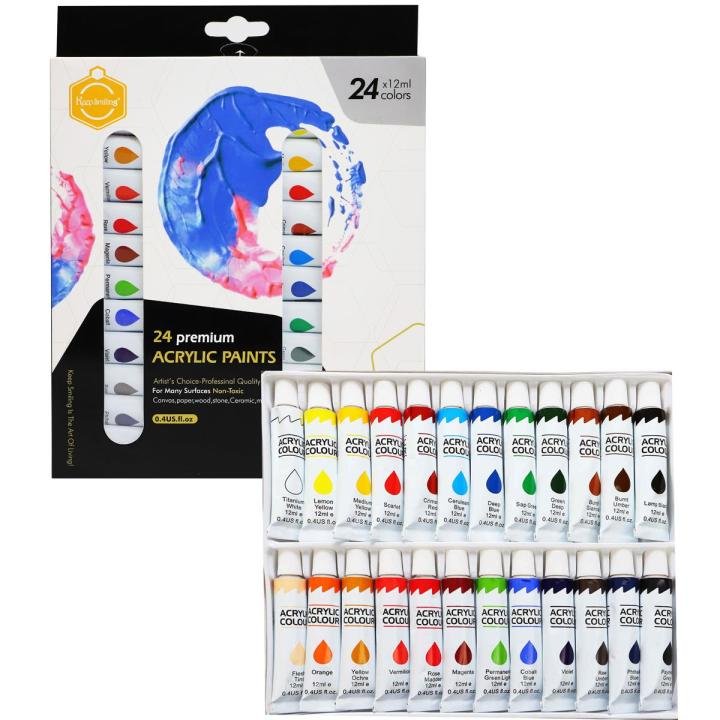 Keep Smiling Premium Acrylic Paint Set 24 Colors 12ML Tubes for Canvas Wood Paper Craft