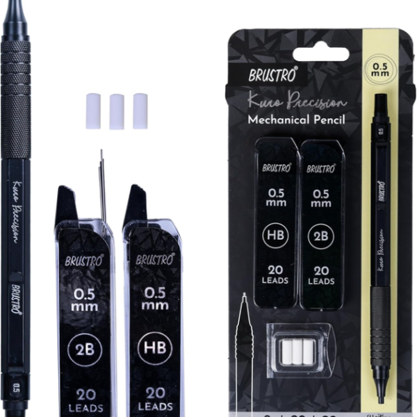 BRUSTRO Kuro Precision Mechanical Pencil | Tip Size - 0.5mm With 20 - HB and 20-2B leads, 3 Eraser Refills