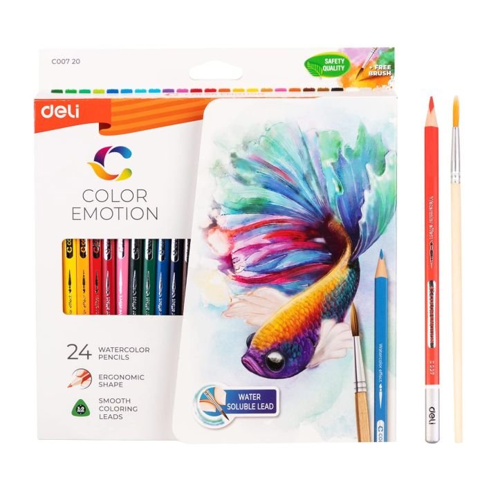 Deli Emotion EC00720 Watercolor Pencils Set with Brush – 24 Vibrant Colors | Water-Soluble Colored Pencils for Drawing, Sketching & Painting