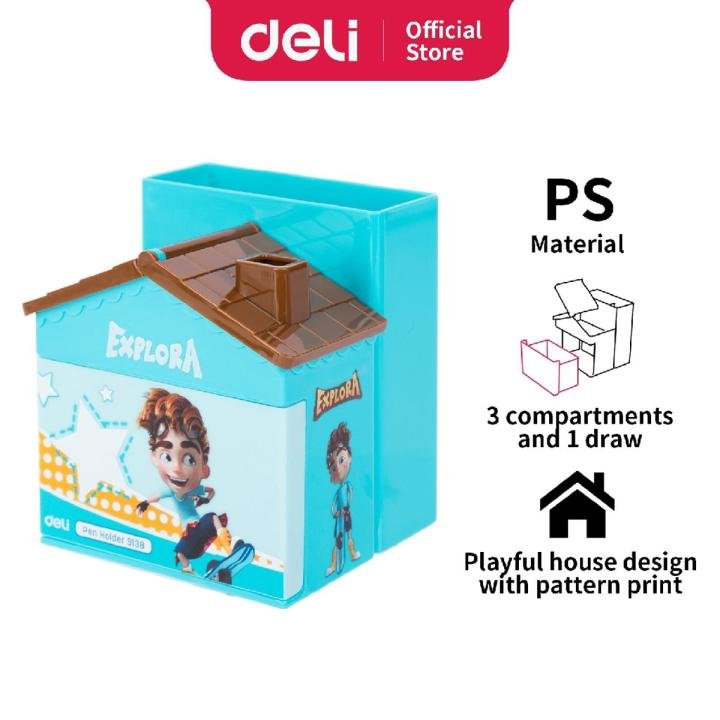 Deli E9138 House Shape Pen Stand Desk Organizer with Drawer & Compartments