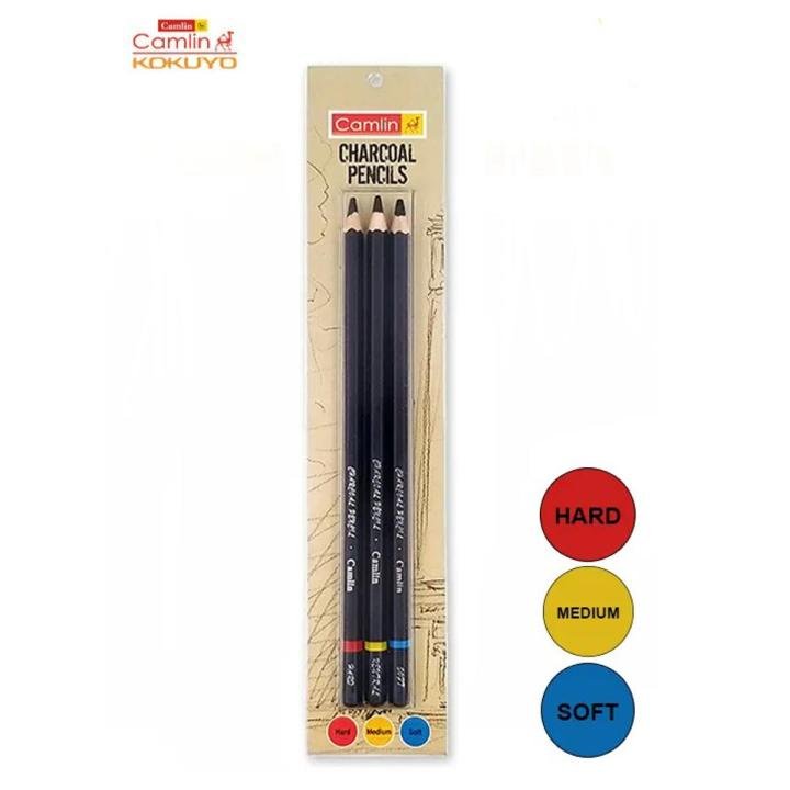 Camel Black Charcoal Pencil Set 3 Pcs | Hard, Medium & Soft Charcoal Pencils for Sketching, Shading & Drawing