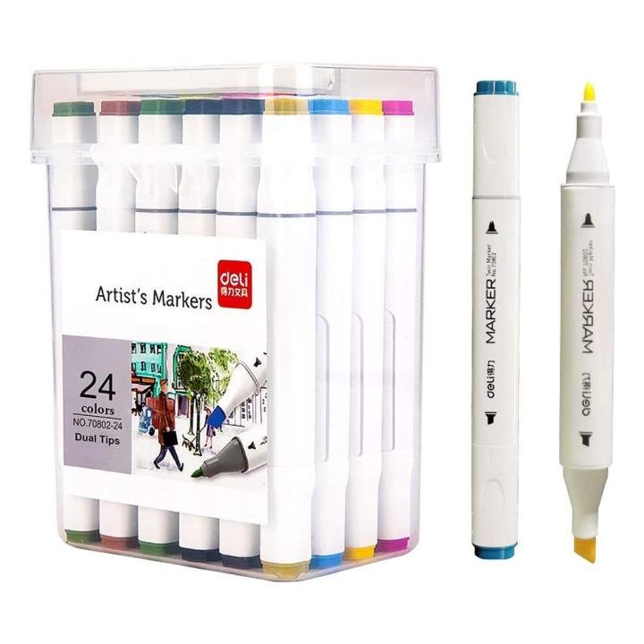 Deli E70803-24 Dual Tip Sketch Markers 24 Colors Brush & Chisel Set