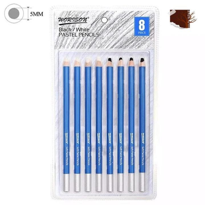 WORISON Artist Black & White Pastel Pencils Set 8 Pcs | Soft 5mm Pastel Core for Sketching, Shading, Blending, Highlights & Professional Art