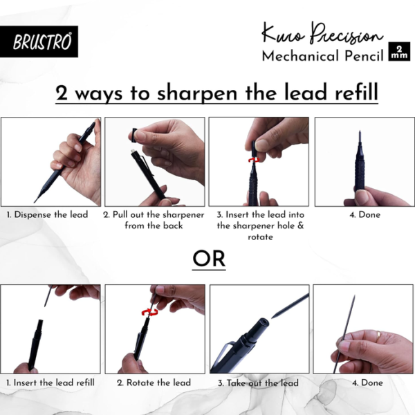Brustro Kuro Precision Mechanical Pencil |Tip Size- 2mm With 6- HB and 6- 2B Leads , Built-in-Sharpener, 3 Eraser Refill