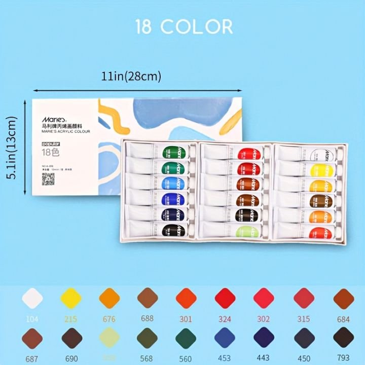 Marie’s Acrylic Paint Set 18 Colors 12ml Tubes | Professional Artist Acrylic Colour Set for Canvas, Wood, Paper & Craft Painting