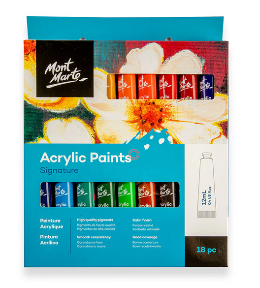 Mont Marte Signature Acrylic Paint Set 18 Colors 12ml Tubes | Artist Acrylic Paints with Satin Finish for Canvas, Paper, Wood & Craft Painting
