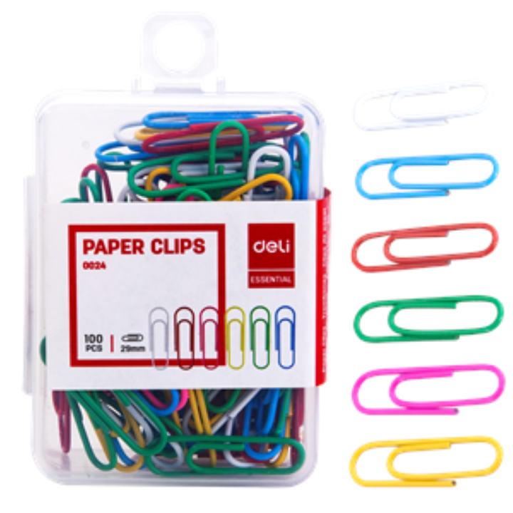 Deli E0024 Color Paper Clips 100 Pcs Assorted | 29mm PVC Coated Office, School & Home Paper Clips