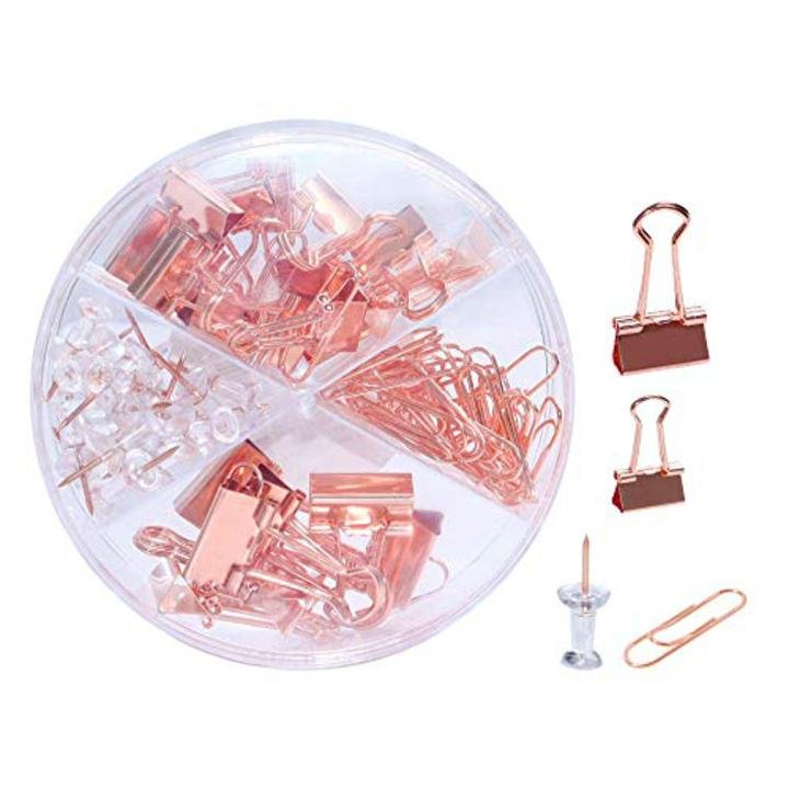 PaperTree Rose Gold Desk Organizer Set with Binder Clips, Push Pins & Paper Clips