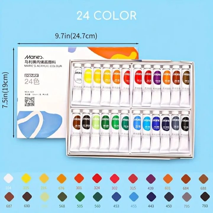 Marie's Acrylic Color Set 24 Shades 12ml Tubes | Professional Artist Acrylic Paint Set for Canvas, Fabric, Paper & Craft Painting