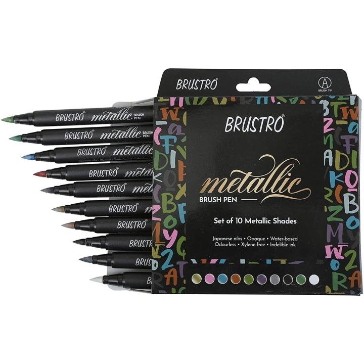 BRUSTRO Metallic Brush Pens Set of 10 Colors Soft Tip Calligraphy Hand Lettering Scrapbooking Card Making Art Markers