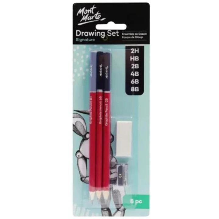 Mont Marte Drawing Set 8 Pieces – Graphite Pencil Set with 2H, HB, 2B, 4B, 6B & 8B, Eraser and Metal Sharpener