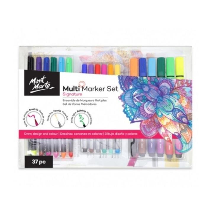 Mont Marte Multi Marker Set 37 Pcs | Watercolor, Brush & Fineliner Markers with A4 Marker Pad for Drawing & Illustration