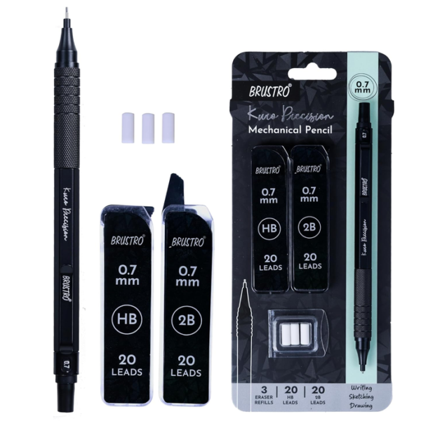 BRUSTRO Kuro Precision Mechanical Pencil | Tip Size-0.7mm With 20HB and 202B leads,3 Eraser Refills