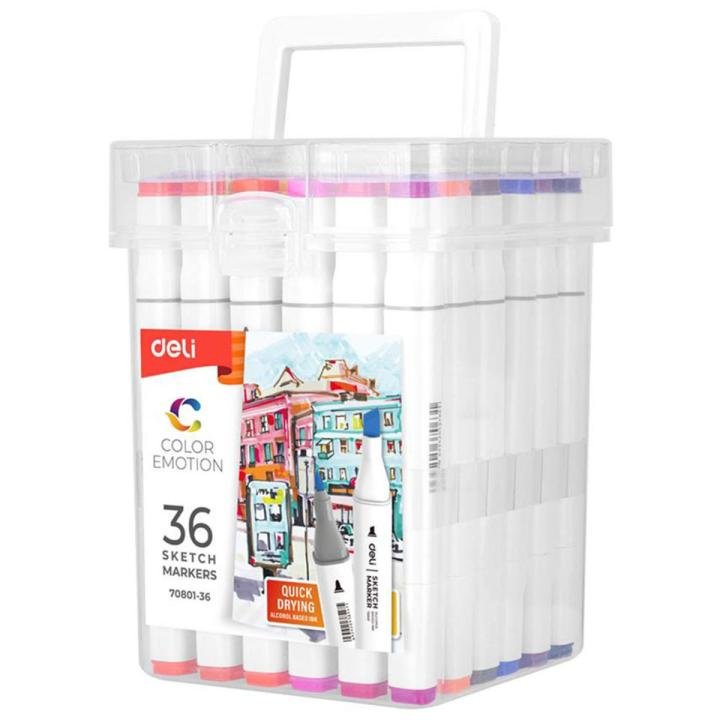 Deli E70803-36 Dual Tip Alcohol Art Marker Set 36 Colors Fine & Chisel