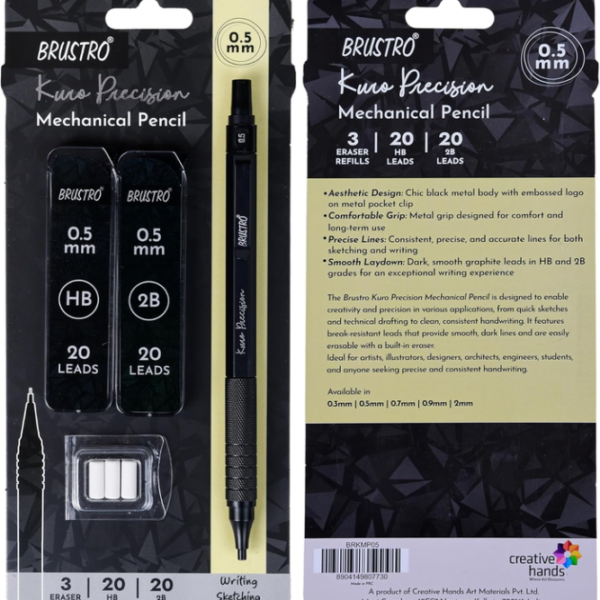 BRUSTRO Kuro Precision Mechanical Pencil | Tip Size - 0.5mm With 20 - HB and 20-2B leads, 3 Eraser Refills