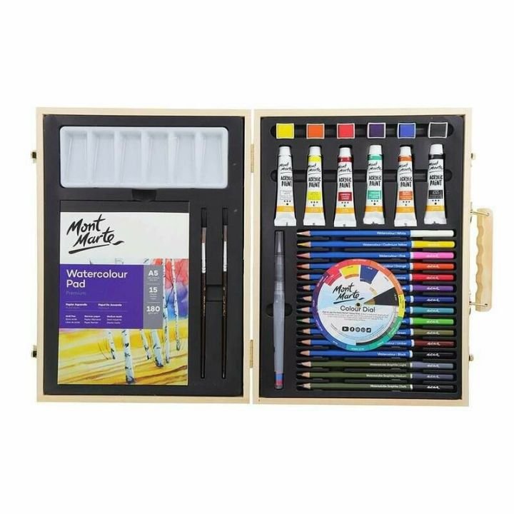 Mont Marte Beginners Watercolor Box Signature 33 Pcs | Complete Watercolor Painting Set with Pencils, Paints, Brushes & Wooden Gift Box