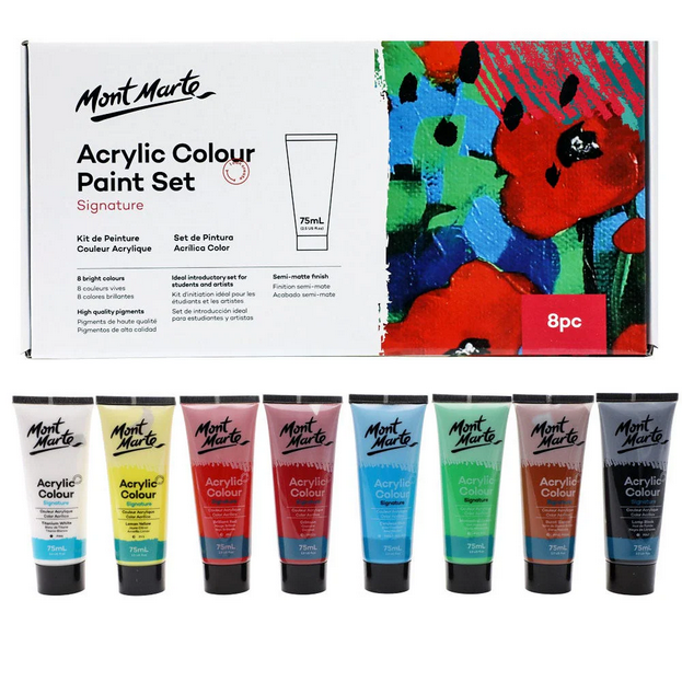 Mont Marte Signature Acrylic Paint Set 8 Colors x 75ml | Semi-Matte Acrylic Paints for Canvas, Wood & Craft Projects