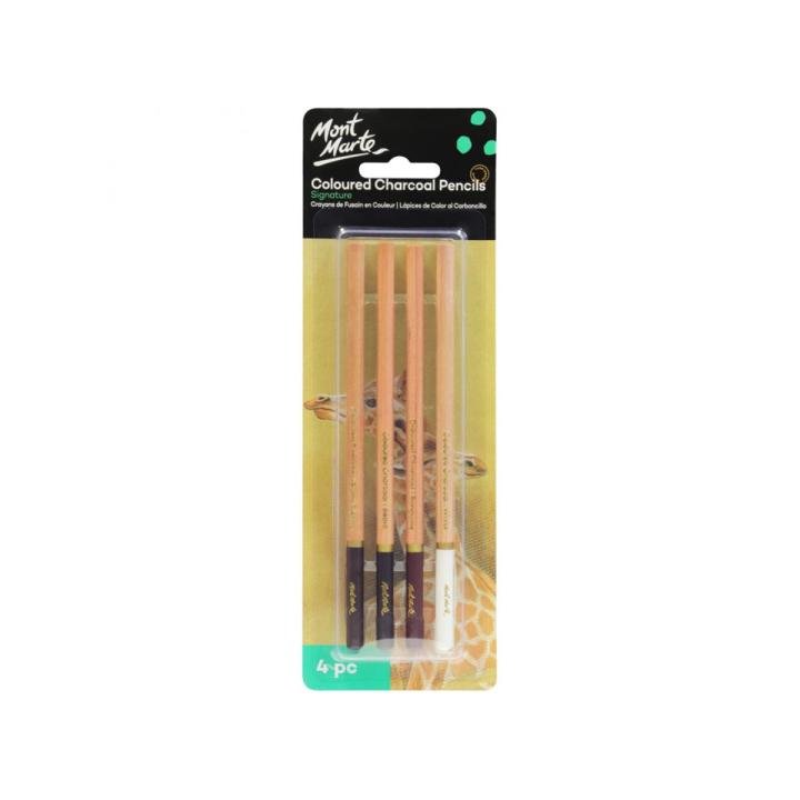 Mont Marte Cultured Charcoal Pencils 4 Pcs Set | White, Sanguine, Sepia & Burnt Sienna for Sketching, Drawing & Mixed Media Art