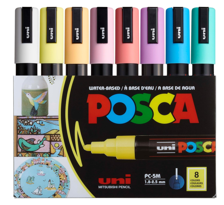 posca, marker, pc-5m, 8c, pastel, paint marker, acrylic paint, bullet tip, soft tone, medium tip, stationery, art supplies, uni-ball, mitsubishi pencil company, craft marker, opaque ink, water-based paint