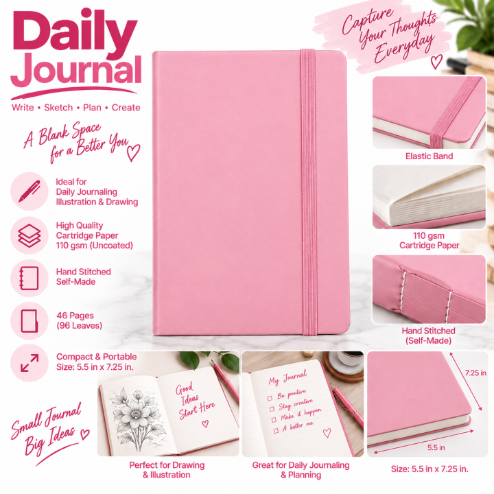 Elegant Elastic Band Hardcover Sketchbook A5 Durable Art Diary Pink & Blue