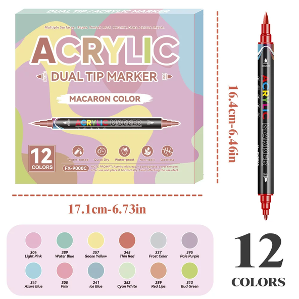 Dual Tip Acrylic Markers with Flexible Fine And Broad Chisel Nibs 12 pcs