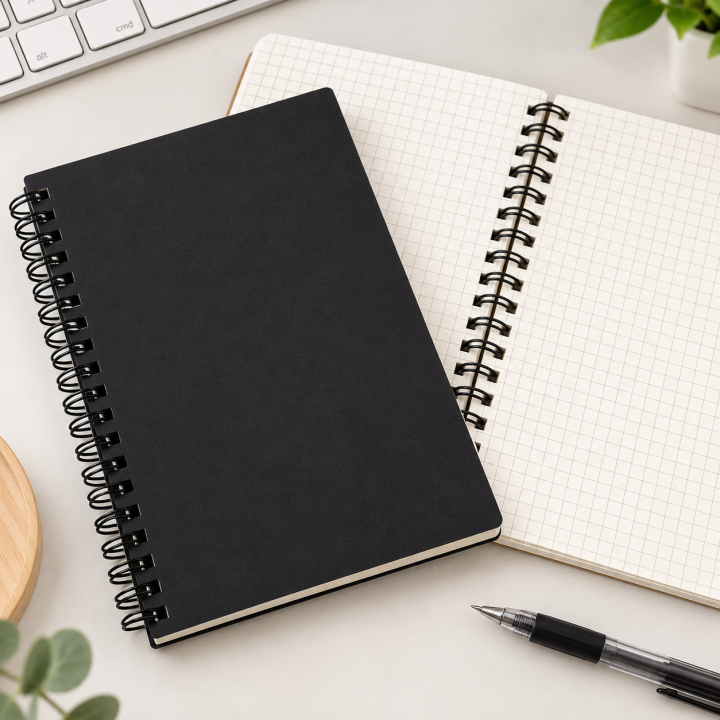 Elegant Black Cover A5 Spiral Notebook with Checkered Grid for Efficient Writing and Drawing