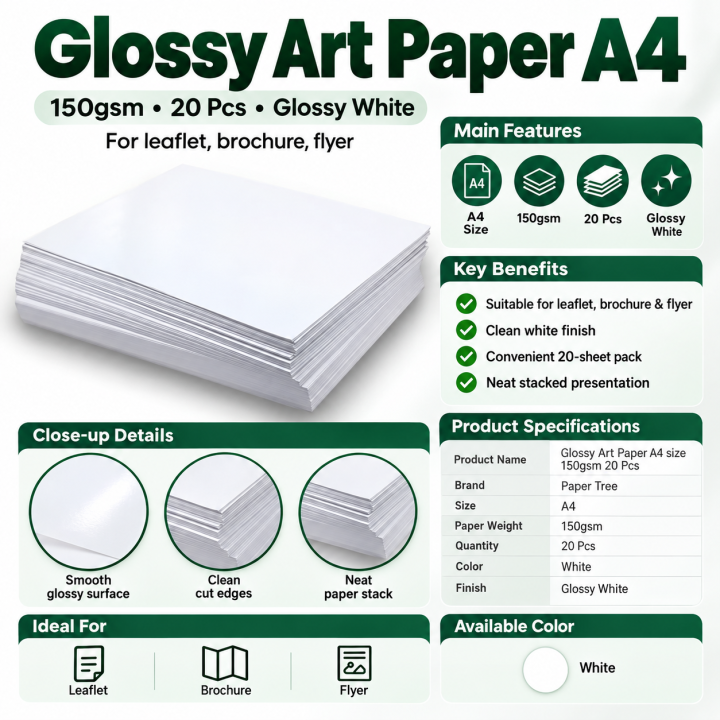 Glossy Art Paper A4 size 150gsm 20 Pcs