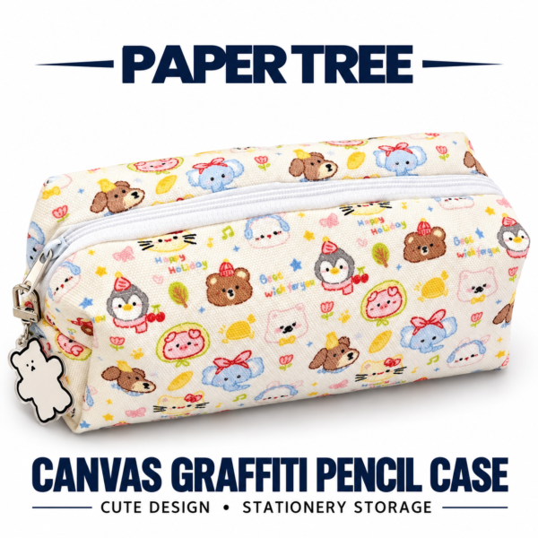 Labipara Canvas Graffiti Cat Pencil Case Large Capacity Stationery Storage Bag